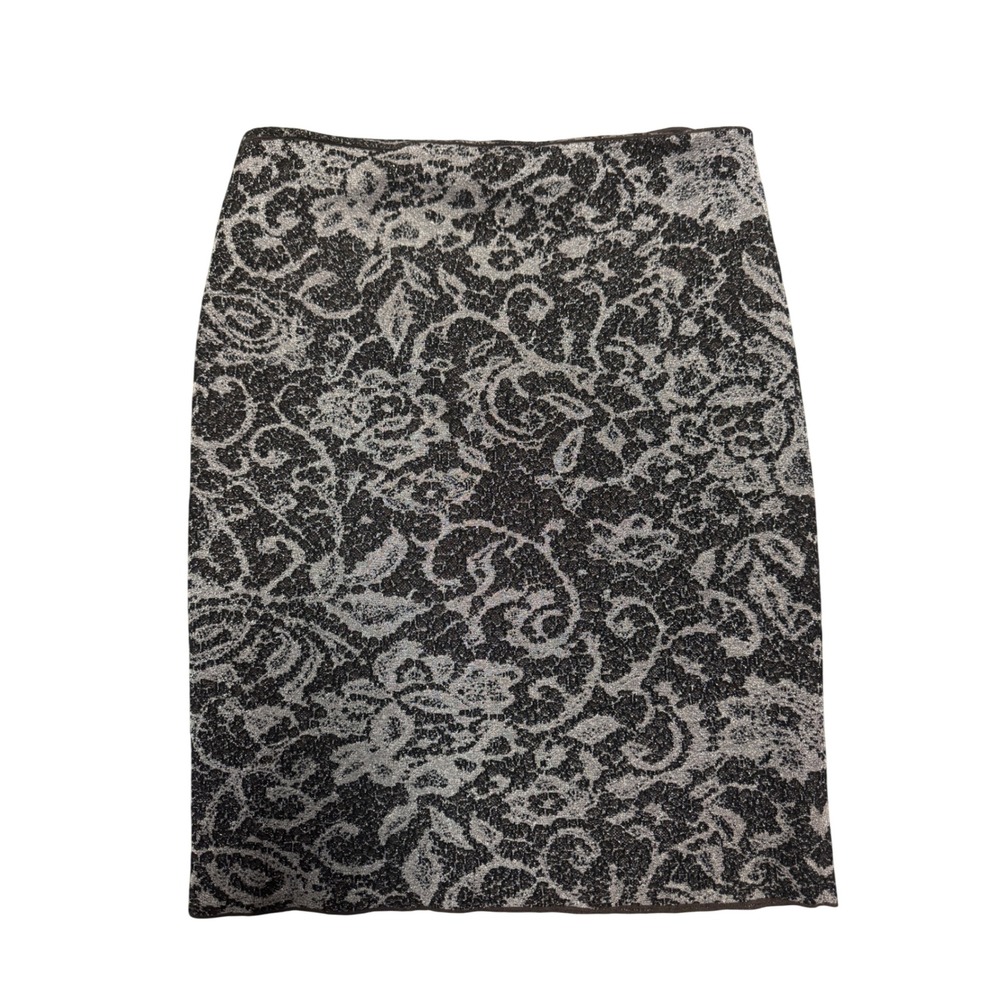 Peruvian Connection Metallic Floral Damask Knit Pencil Skirt Brown Gold Large
